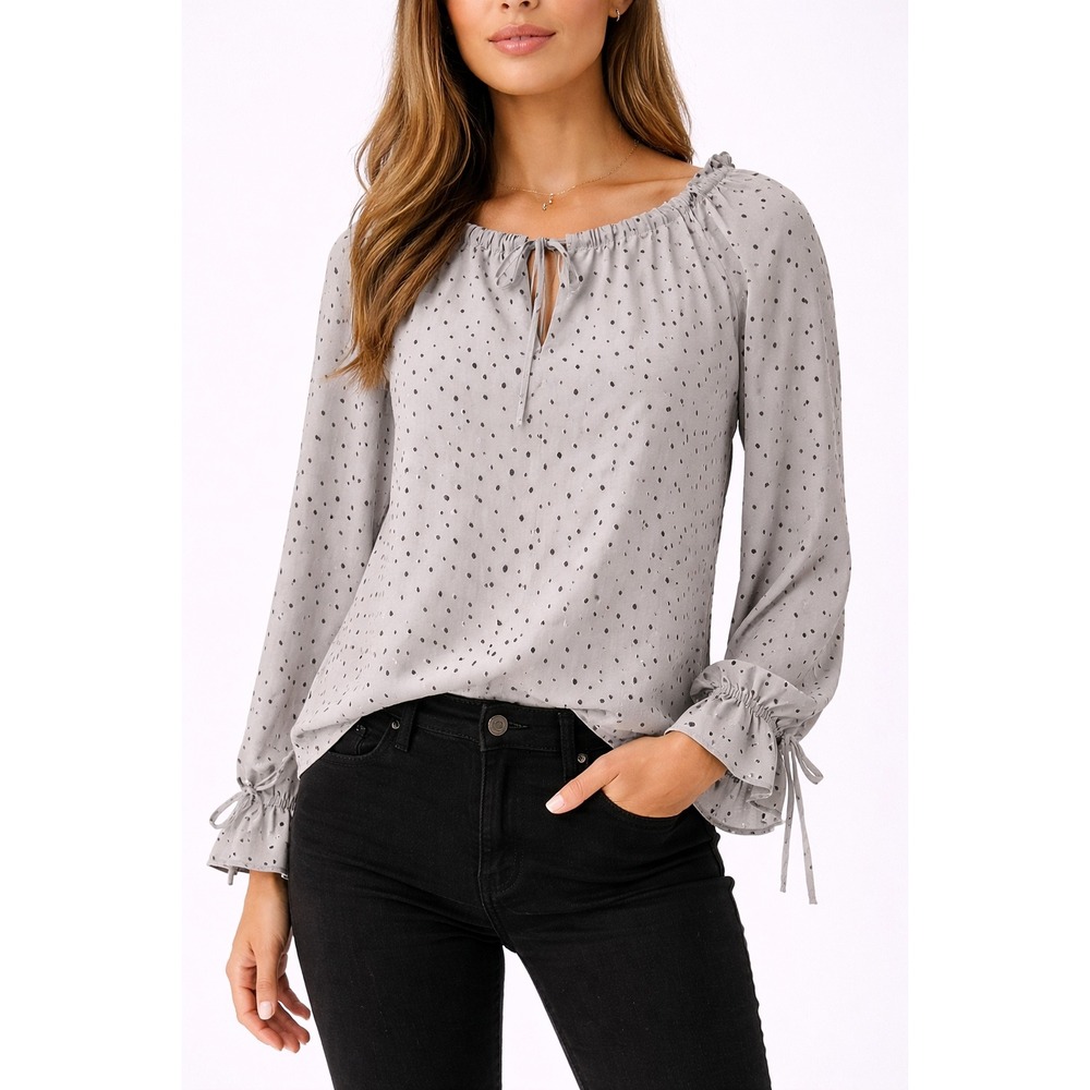 Banana Republic LS Julia Tie D Polka Dot Ruffle Blouse Gray XS 481866-00